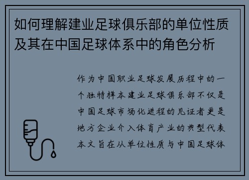 如何理解建业足球俱乐部的单位性质及其在中国足球体系中的角色分析