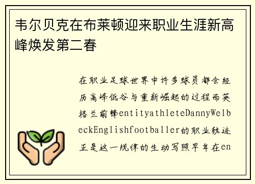 韦尔贝克在布莱顿迎来职业生涯新高峰焕发第二春 韦尔贝克在布莱顿迎来职业生涯新高峰焕发第二春
