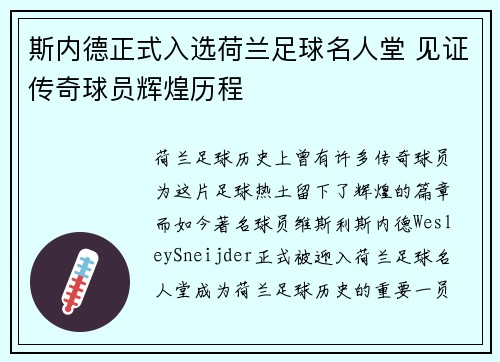 斯内德正式入选荷兰足球名人堂 见证传奇球员辉煌历程 斯内德正式入选荷兰足球名人堂 见证传奇球员辉煌历程